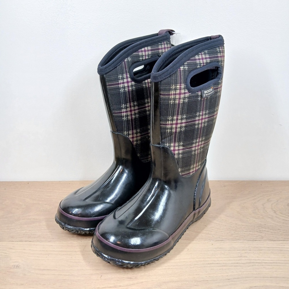 NWT BOGS Boots Kids 2 Black Rubber Plaid Waterproof Tall Winter Rain Outdoor